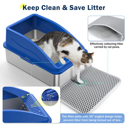 Stainless Steel Cat Litter Box, Extra Large Litter Boxes for Big Cats, Anti-Urine Leakage XL Litter Box with High Sides, Xlarge Metal Litter Box with Lid, Easy Clean, Non-Sticky, Cat Mat & Metal Scoop