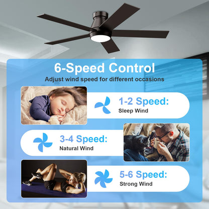 TCL 52" Ceiling Fan with Lights, Black Flush Mount Ceiling Fans with Remote Control, 6 Speeds DC Reversible, Dimmable, Noiseless, Low Profile