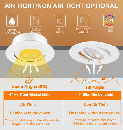 Cloudy Bay Eyeball 5 Color 4 inch Gimbal LED Recessed Light with Junction Box,9.5W CRI90+ 2700K/3000K/3500K/4000K/5000K Selectable,Dimmable Canless Ceiling Spot Light,Damp Location,Black,Pack of 6