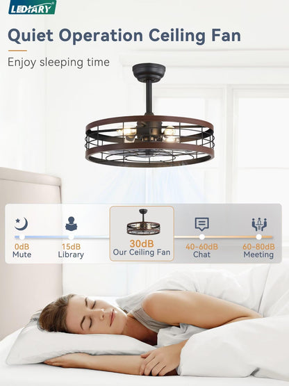 LEDIARY 16.5 inch Black Caged Ceiling Fan with Light, Fandelier Industrial Ceiling Fan with Remote, Farmhouse Fan Lights Ceiling Fixtures for Kitchen, Bedroom, Outdoor（6 Speed, Timing）-Black