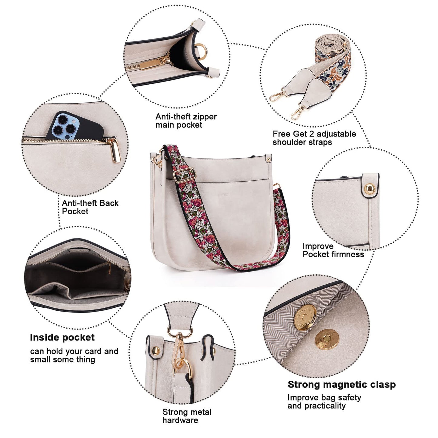 HKCLUF Crossbody Bags for Women Trendy Vegan Leather Hobo Handbags With 2PCS Adjustable Guitar Strap Shoulder Bucket Bags