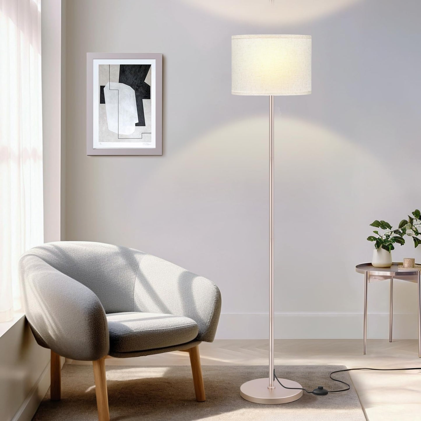Modern Floor Lamp Simple Design with White Shade, Foot Pedal Switch, 60" Small Tall Lamps for Living Room Bedroom Office Dining Room Kitchen, Black Pole Lamp(Without Bulb)
