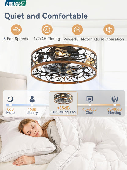 LEDIARY Caged Ceiling Fans with Lights, White Flush Mount Ceiling Fan with Remote, Small Low Profile Bladeless Ceiling Fan Light Fixture for Bedroom, Kitchen, Dining Room-White Gold Color