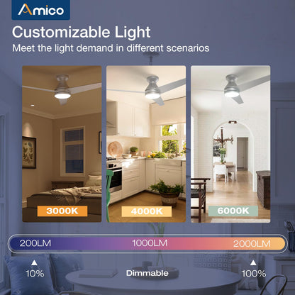 Amico Ceiling Fans with Lights, 42 inch Low Profile Ceiling Fan with Light and Remote Control, Flush Mount, Reversible, 3CCT, Dimmable, Noiseless, White Ceiling Fan for Bedroom, Indoor/Outdoor Use