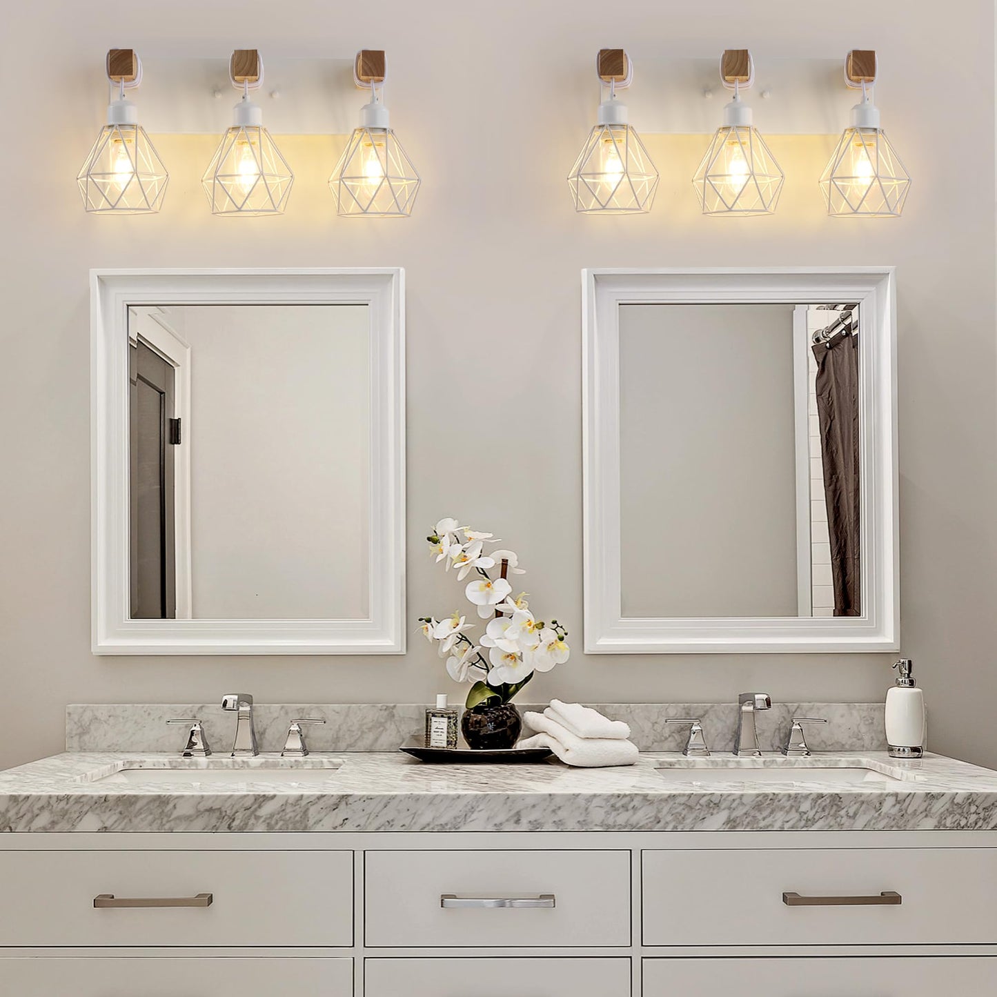 Farmhouse Vanity Light for Bathroom, 3-Light Wood Bathroom Vanity Light Fixtures Over Mirror, Rustic Sconces Wall Lighting with Metal Lampshade for Living Room, Bedroom, Hallway