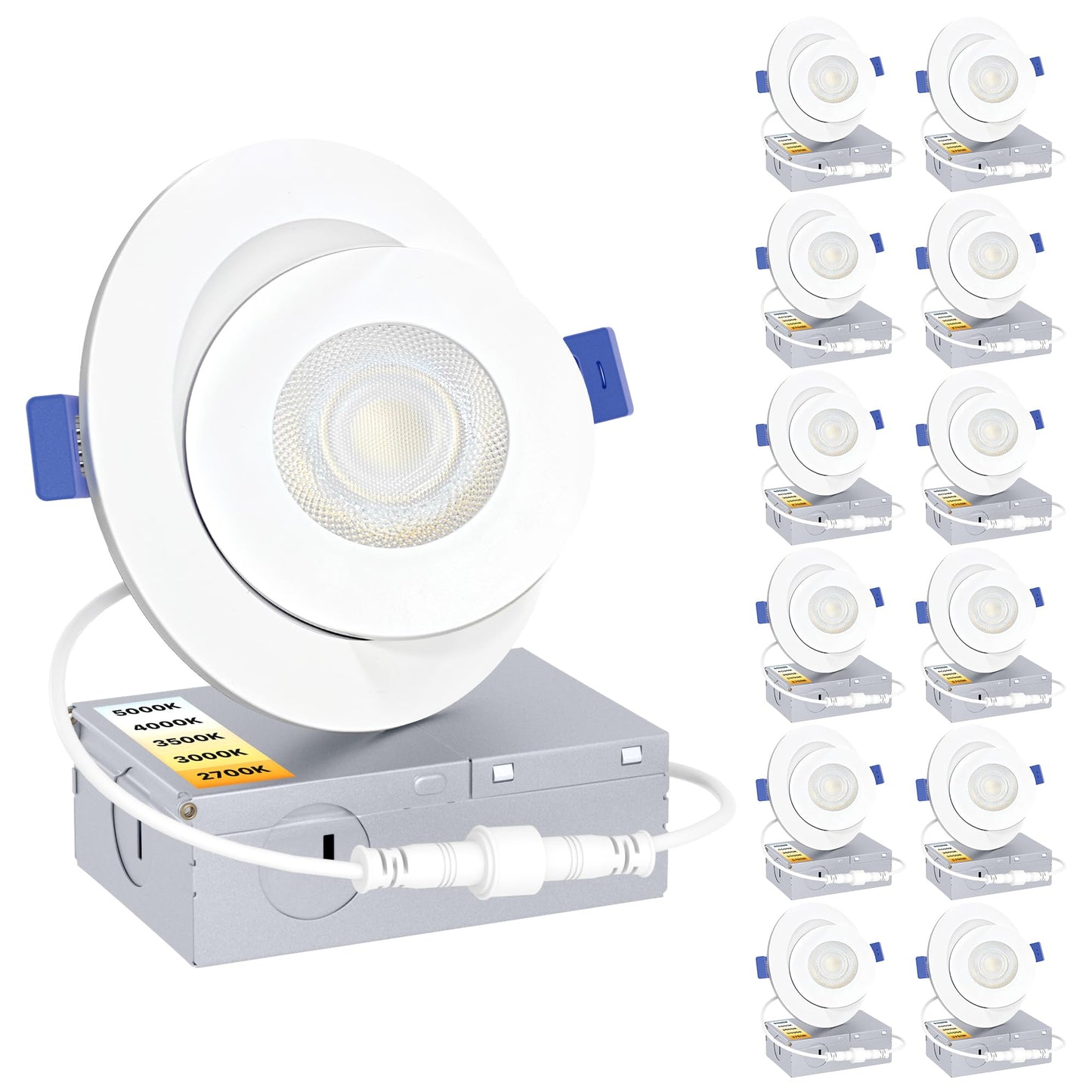 Ensenior 4 Pack 4 inch Gimbal Led Recessed Light with Junction Box, 90° Adjustable Directional Eyeball Lighting, Dimmable, 2700K/3000K/3500K/4000K/5000K, 900LM, 9W=100W-FCC Certified