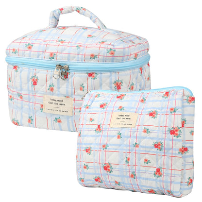 Cute Makeup Bag for Women(2 Pcs), Travel Cosmetic Bags, Quilted Coquette Aesthetic Floral Toiletry Organizer Bag (NavyBlue Flower)
