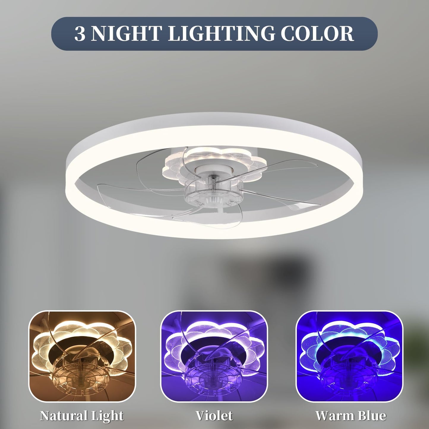 20‘’ Ceiling Fan with Light, Upgraded Low Profile Fan, Flush Mount Ceiling Fan, 6 Speeds, Dimmable LED, App & Remote Control, Quiet DC Motor, for Bedroom, Living Room, F115 White