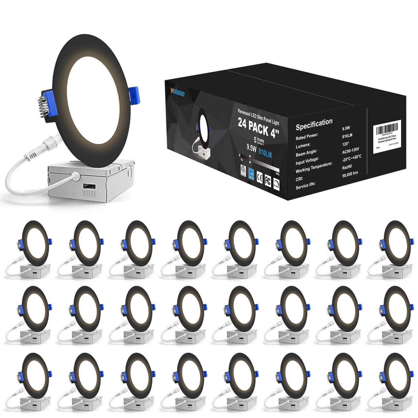 VOLISUN 24 Pack 4 inch Recessed Lighting, 5CCT LED Recessed Light with Junction Box, 2700K-5000K Selectable, 9.5W Eqv 80W, 810LM Dimmable Canless Wafer Downlight, LED Ceiling Light ETL Certificated