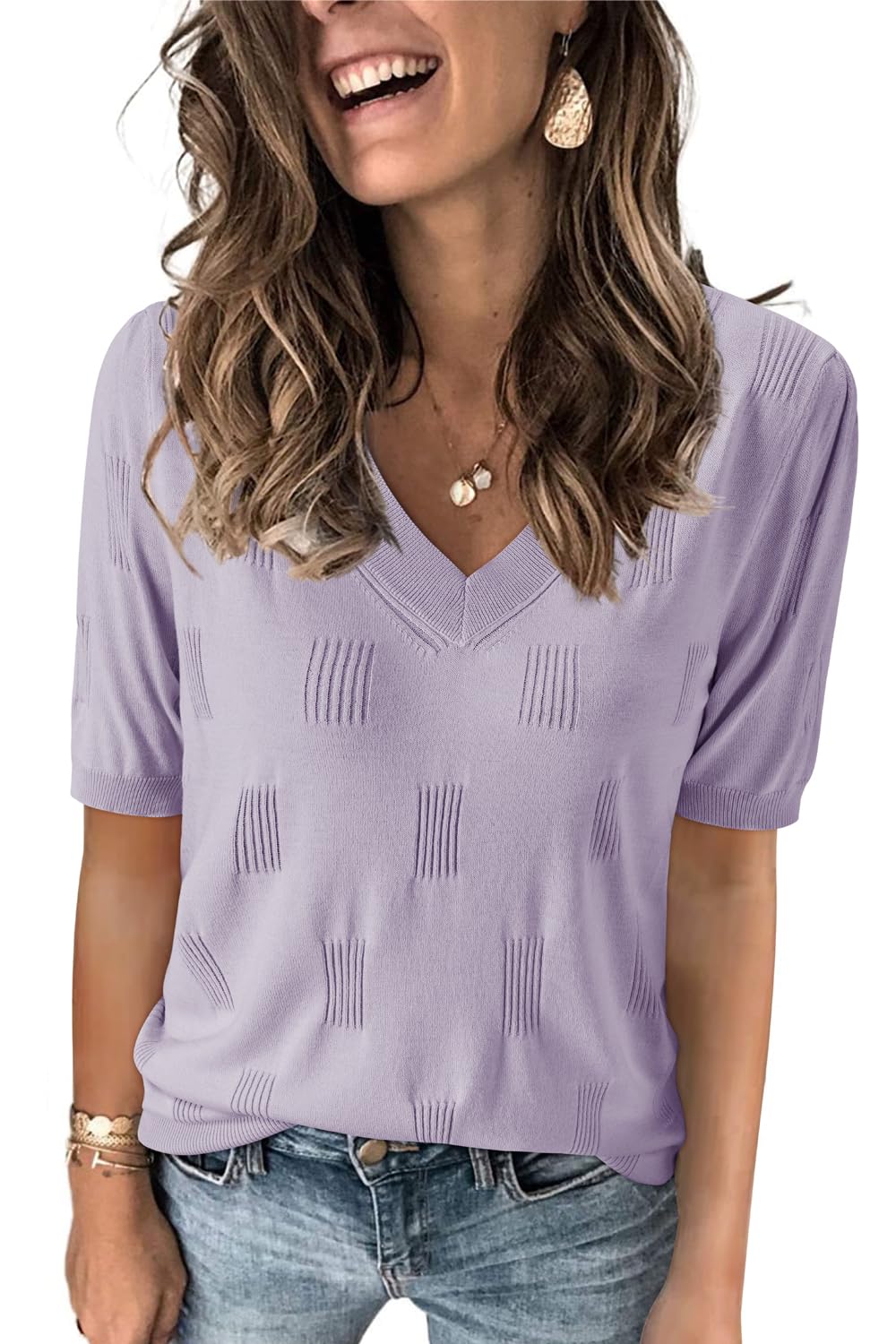 Arach&Cloz Women's Tops 2025 Spring Summer Short Sleeve Sweater Fashion Trendy Dressy Casual Outfit Versatile Knit Blouse