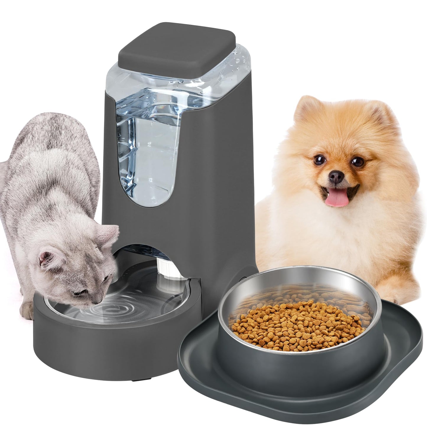 2 Pack Automatic Cat Feeder and Stainless Steel Water Dispenser, Gravity Dog Waterer Set Food Feeder and Waterer Set for Small Medium Kitten Puppy Pets(1 Gallon x 2, Charcoal Gray)