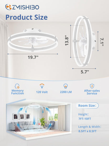 Ceiling Fans with Lights and Remote, 19.7'' Low Profile Ceiling Fan, 3000-6000K Dimmable Modern Flush Mount LED Fan Light, 6 Wind Speeds, Black Fandelier Ceiling Fans for Bedroom