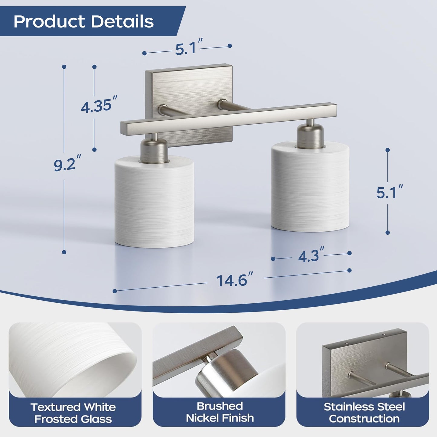 PARTPHONER Bathroom Light Fixtures, Bathroom Lighting Fixtures Over Mirror, Interior Classic Vanity Lights, Modern Bathroom Vanity Light with Textured White Glass Shade, Brushed Nickel, 3-Light