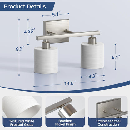 PARTPHONER Bathroom Light Fixtures, Bathroom Lighting Fixtures Over Mirror, Interior Classic Vanity Lights, Modern Bathroom Vanity Light with Textured White Glass Shade, Brushed Nickel, 3-Light