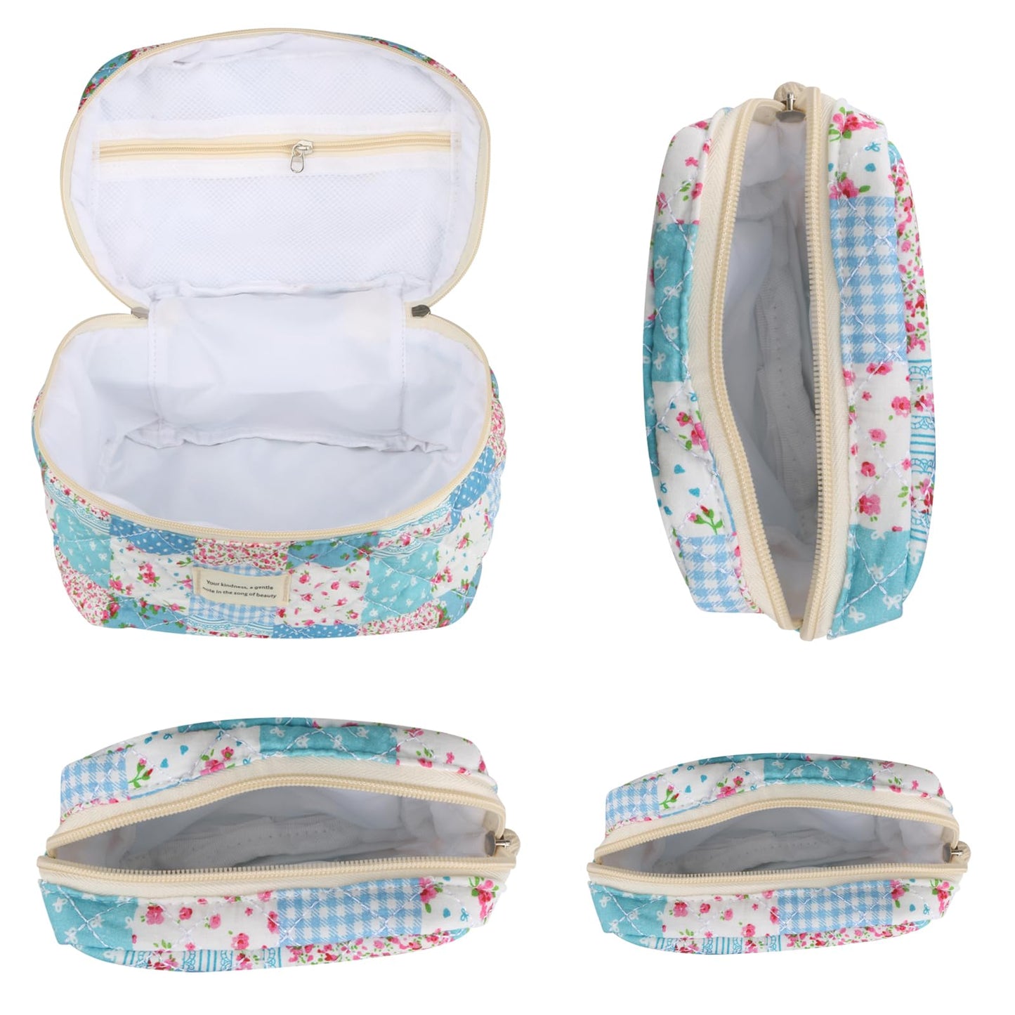 Cute Makeup Bag for Women(2 Pcs), Travel Cosmetic Bags, Quilted Coquette Aesthetic Floral Toiletry Organizer Bag (NavyBlue Flower)