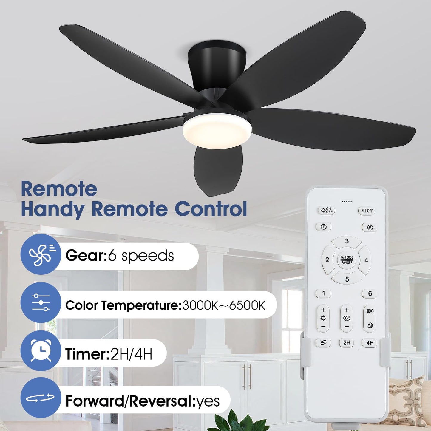 Ceiling Fans with Lights-36 Low Profile Ceiling Fan with Light and Remote/APP Control,Flush Mount,DC Reversible,LED Dimmable Blakc Ceiling Fans for Bedroom,Indoor/Outdoor Patio Use
