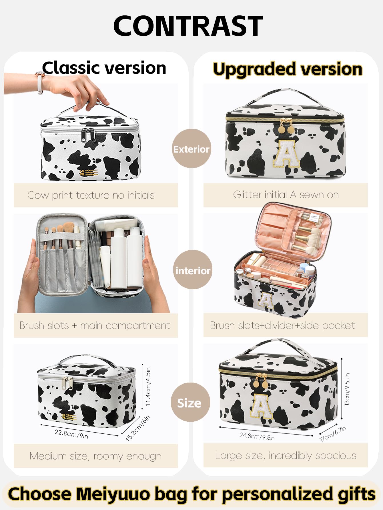 Meiyuuo Cute Makeup Bag Small Cosmetic Bags for Women Girls Gift for Teens Medium Pouch for Purse Essentials Toiletry Zip Pouch PU Waterproof Organizer Case (Cow Print)