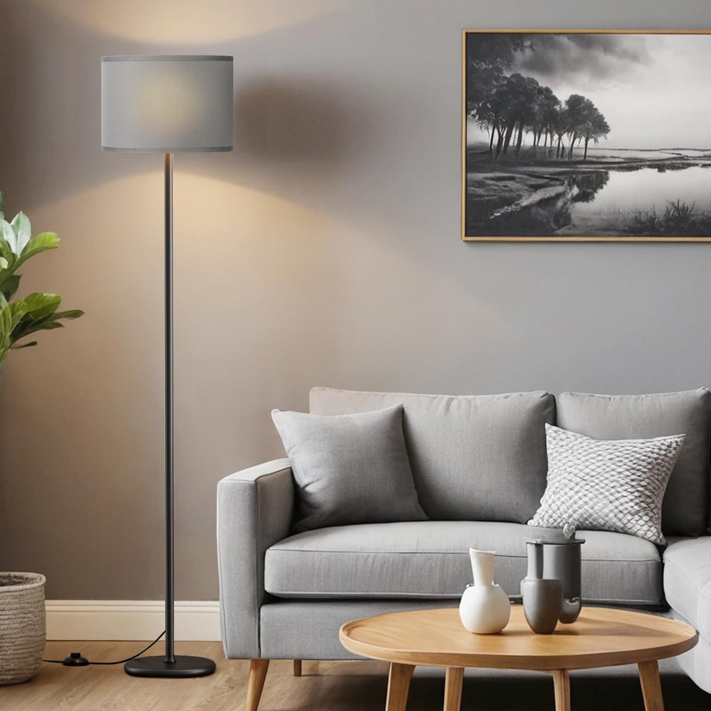 Modern Floor Lamp Simple Design with White Shade, Foot Pedal Switch, 60" Small Tall Lamps for Living Room Bedroom Office Dining Room Kitchen, Black Pole Lamp(Without Bulb)