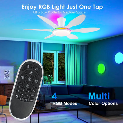 Ceiling Fans with Lights, 51 inch Modern Black Low Profile Ceiling Fan with Light and Remote App Control, Flush Mount, Quiet DC Reversible, Dim Led Ceiling Fan 6 Blade Softer Wind Indoor/Outdoor Patio
