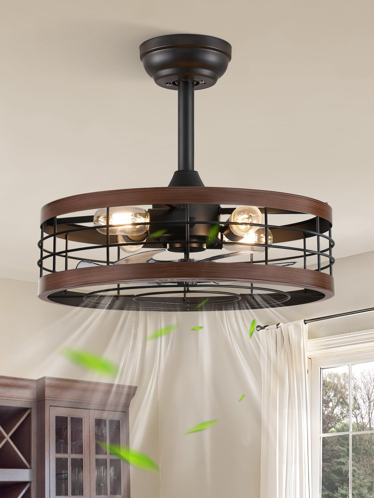 LEDIARY 16.5 inch Black Caged Ceiling Fan with Light, Fandelier Industrial Ceiling Fan with Remote, Farmhouse Fan Lights Ceiling Fixtures for Kitchen, Bedroom, Outdoor（6 Speed, Timing）-Black