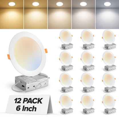12 Pack 6 Inch 5CCT Ultra-Thin LED Recessed Ceiling Light with Junction Box, 2700K-5000K Selectable, 1050LM High Brightness, Dimmable Canless Wafer Downlight, 12W 120V, ETL