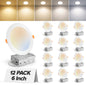 12 Pack 6 Inch 5CCT Ultra-Thin LED Recessed Ceiling Light with Junction Box, 2700K-5000K Selectable, 1050LM High Brightness, Dimmable Canless Wafer Downlight, 12W 120V, ETL