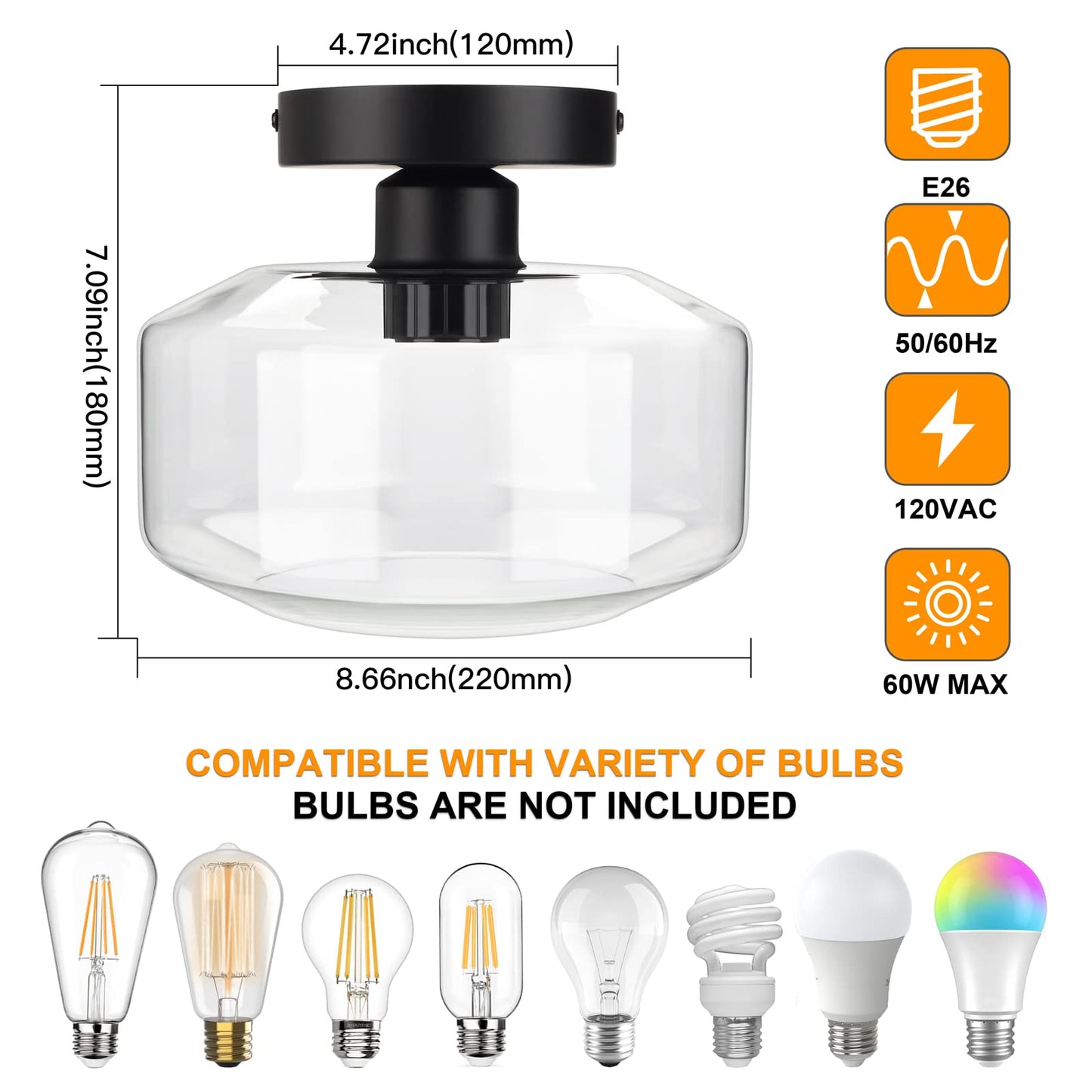 MAXvolador Industrial Semi Flush Mount Ceiling Light, Clear Glass Pendant Lamp Shade, Farmhouse Lighting for Hallway, Vintage Hanging Light Fixtures