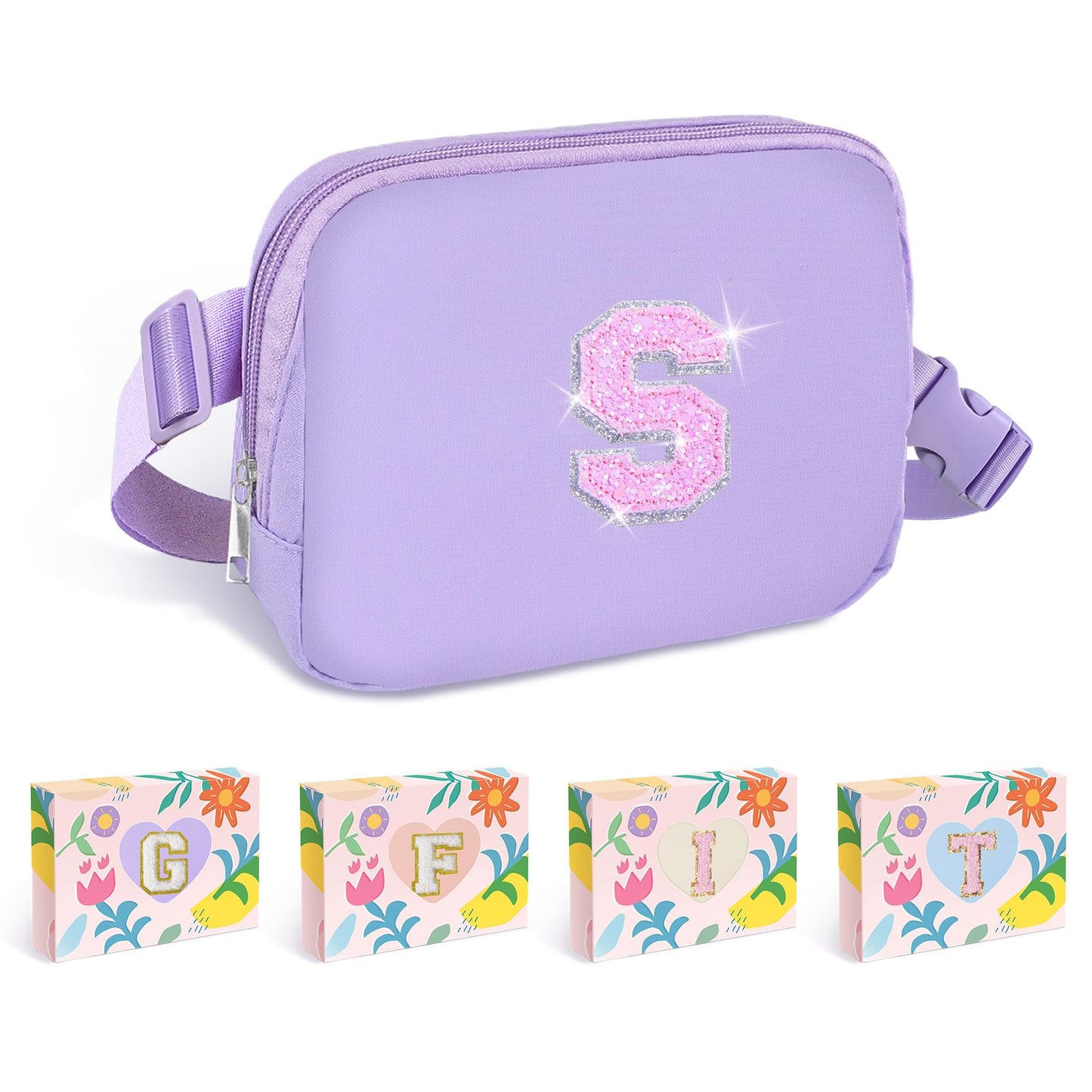 COSHAYSOO Pink Belt Bag Small Waist Fanny Pack Mini Crossbody Purse with Initial Preppy Letter Patch for Teen Girl Women Workout, Cross Body Chest Pouch Trending Birthday Gift Idea (S)