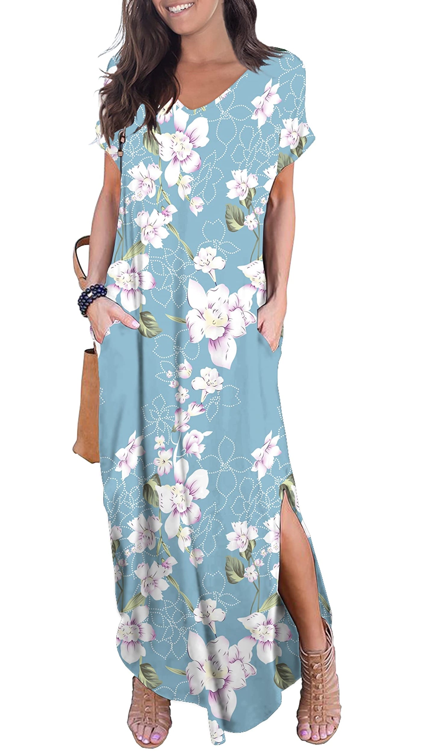 GRECERELLE Women's Casual Loose Pocket Long Dress Short Sleeve Split Maxi Dresses