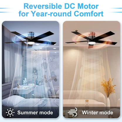 TCL 52" Ceiling Fan with Lights, Black Flush Mount Ceiling Fans with Remote Control, 6 Speeds DC Reversible, Dimmable, Noiseless, Low Profile