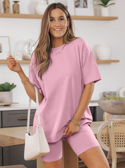 AUTOMET Womens 2 Piece Sets Summer Outfits 2025 Two Piece Lounge Set Matching Clothing Oversized Tshirts Biker Short Fashion