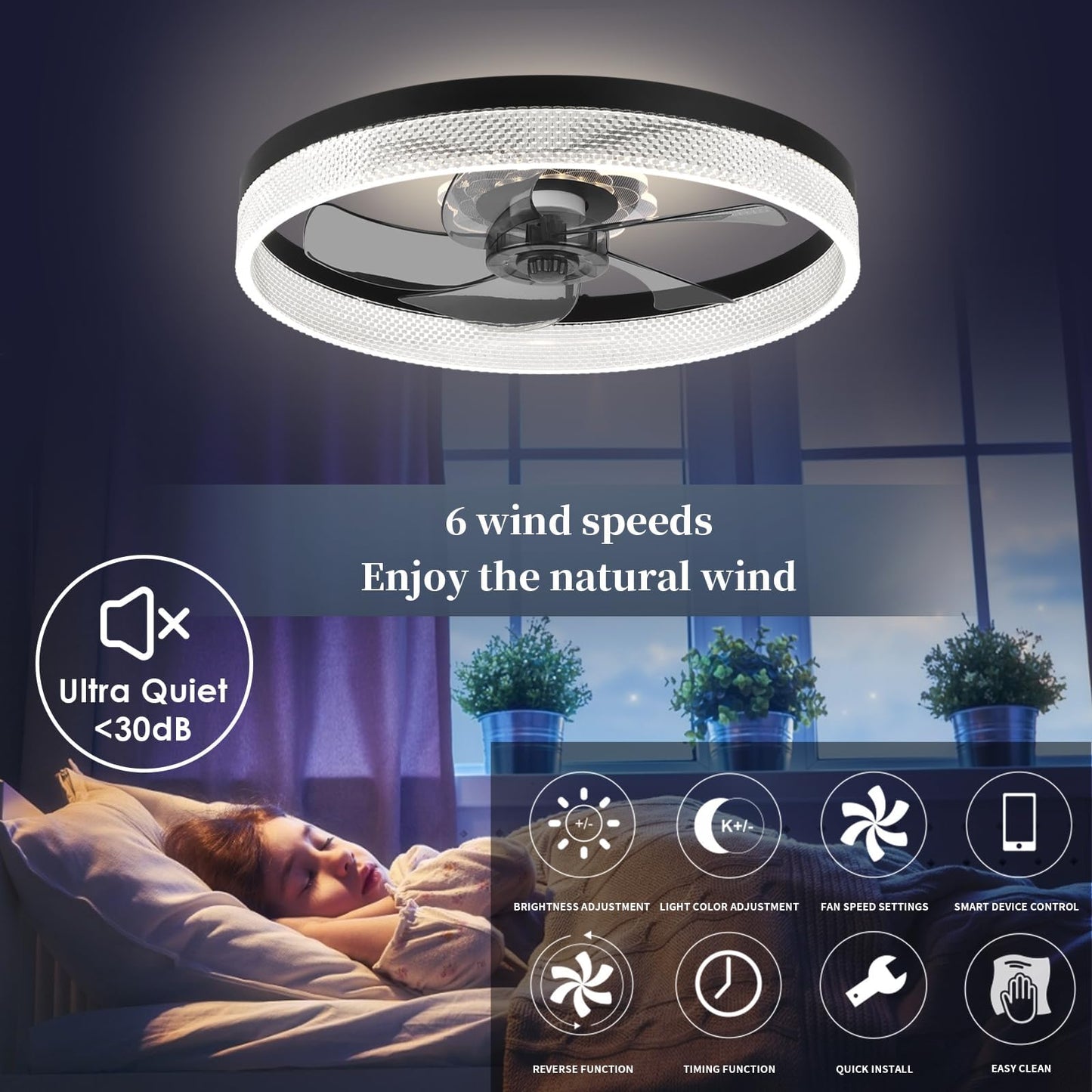 20‘’ Ceiling Fan with Light, Upgraded Low Profile Fan, Flush Mount Ceiling Fan, 6 Speeds, Dimmable LED, App & Remote Control, Quiet DC Motor, for Bedroom, Living Room, F115 White