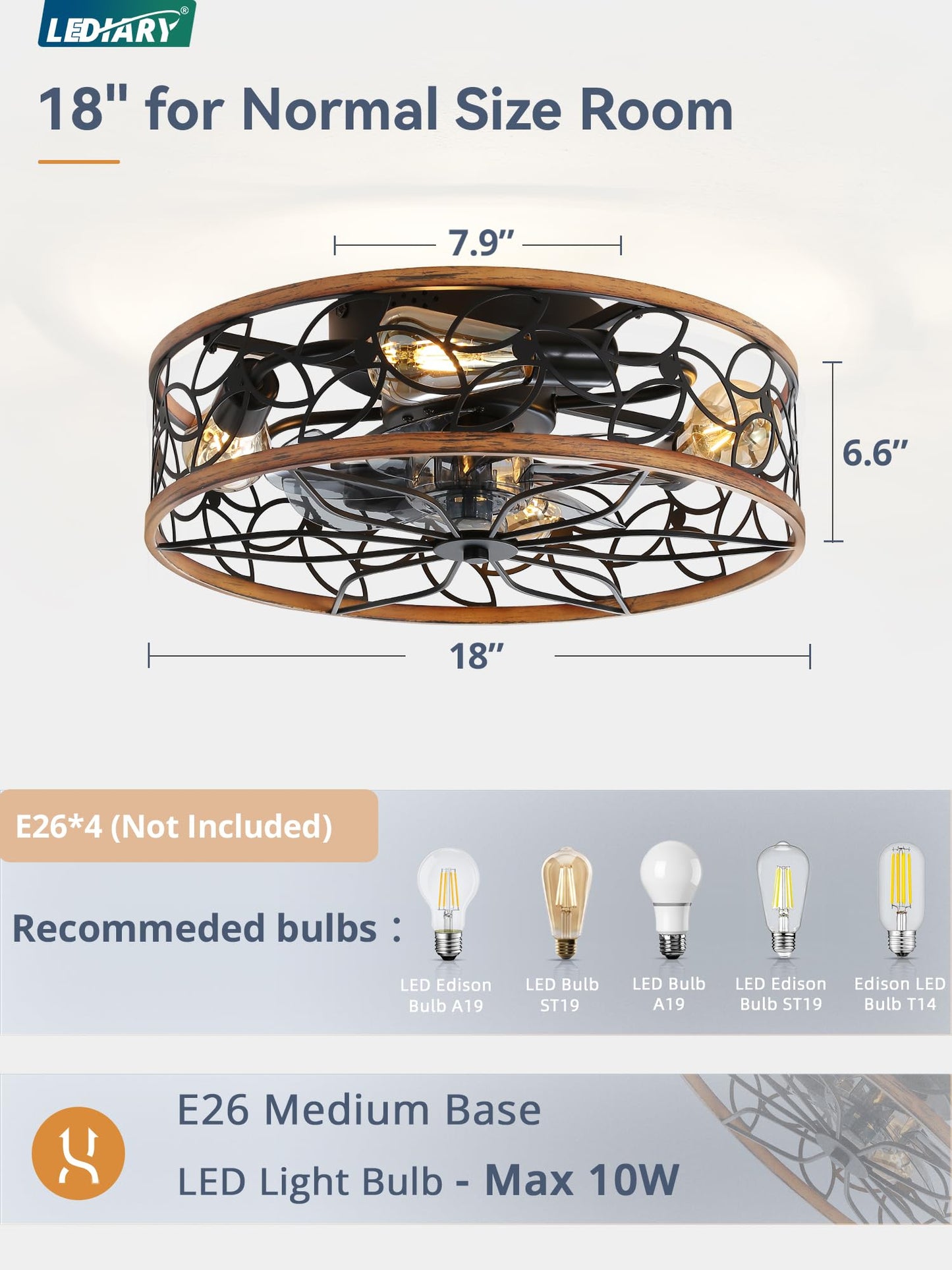 LEDIARY Caged Ceiling Fans with Lights, White Flush Mount Ceiling Fan with Remote, Small Low Profile Bladeless Ceiling Fan Light Fixture for Bedroom, Kitchen, Dining Room-White Gold Color