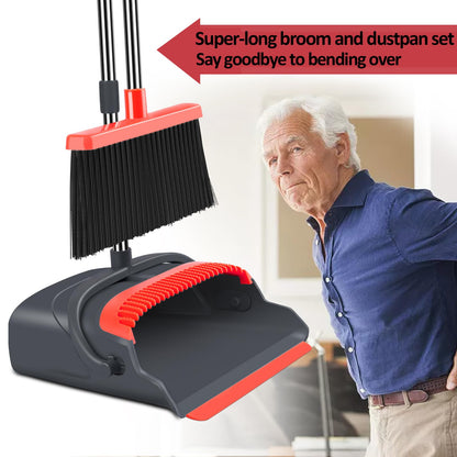kelamayi Upgrade Broom and Dustpan Set, Self-Cleaning with Dustpan Teeth, Indoor&Outdoor Sweeping, Ideal for Dog Cat Pets Home Use, Stand Up Broom and Dustpan (Gray&Orange)