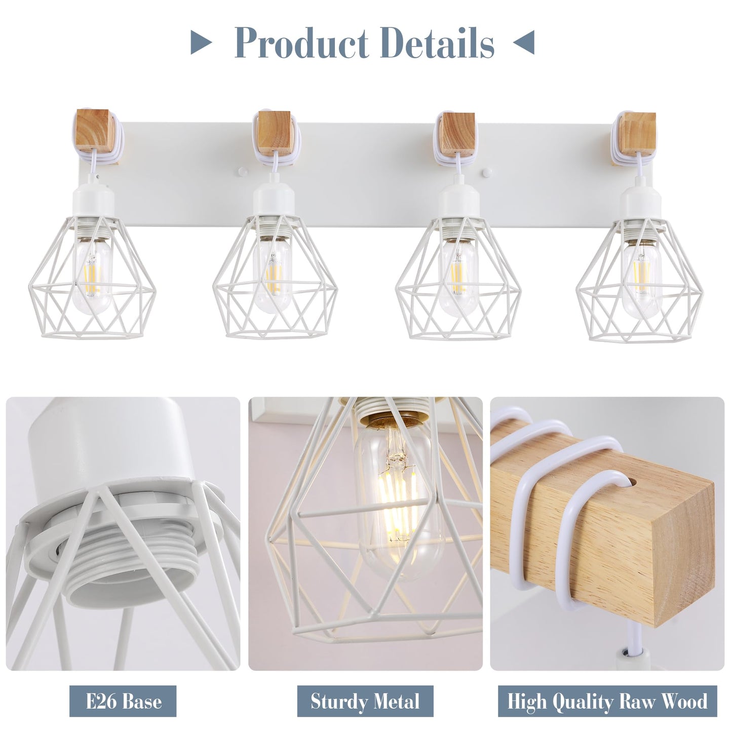 Farmhouse Vanity Light for Bathroom, 3-Light Wood Bathroom Vanity Light Fixtures Over Mirror, Rustic Sconces Wall Lighting with Metal Lampshade for Living Room, Bedroom, Hallway