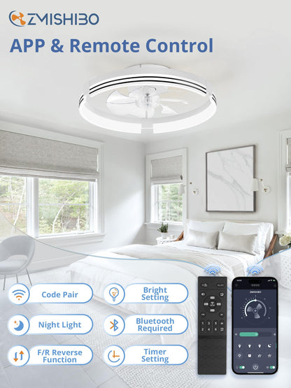 Low Profile Ceiling Fans with Lights and Remote, 20 Inch Flush Mount Ceiling Fan with Light, 3000K-6000K Dimmable Fandelier LED Fan Light, 6 Wind Speeds Black Ceiling Fans for Bedroom