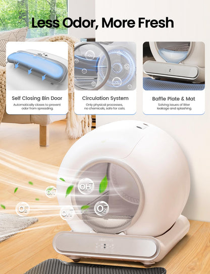 Self Cleaning Cat Litter Box, Ultra-Safe Protection Automatic Cat Litter Box, APP Control/Lower Entry/Large Capacity Cat Litter Box with 3 Rolls Liners & Mat, 65L, Gray