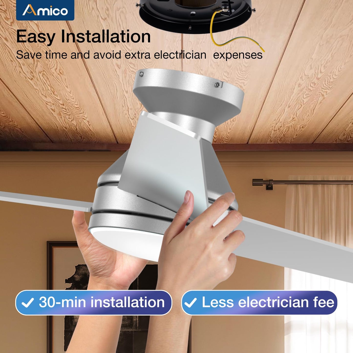 Amico Ceiling Fans with Lights, 42 inch Low Profile Ceiling Fan with Light and Remote Control, Flush Mount, Reversible, 3CCT, Dimmable, Noiseless, White Ceiling Fan for Bedroom, Indoor/Outdoor Use