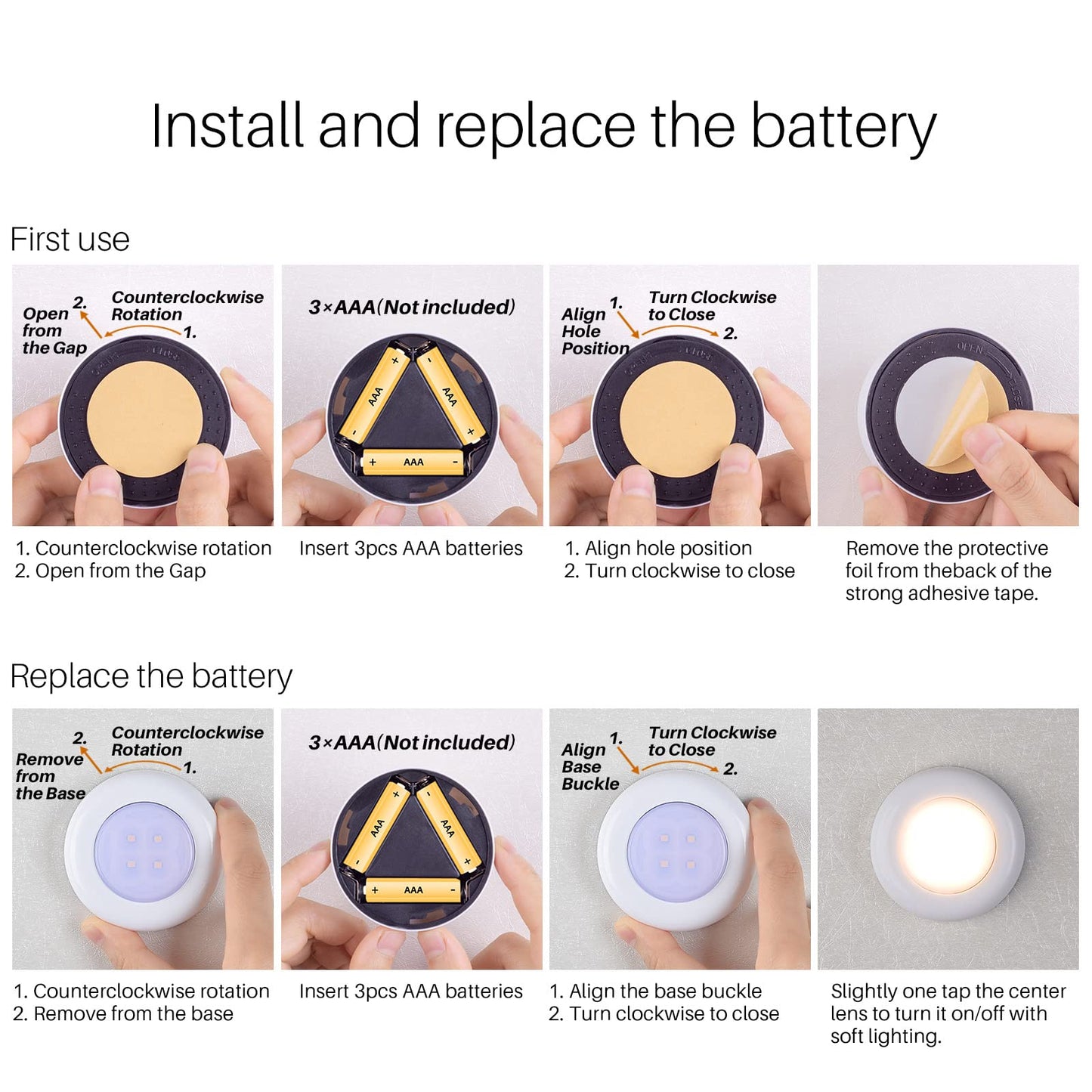 STAR-SPANGLED Push Tap Light, 2.8” Mini Night Touch LED Puck Lamp, Portable Under Cabinet Lighting AAA Battery Operated Powered, DIY Stick On Lights for Closet, Counter, Kitchen, Warm White, 5 Pack