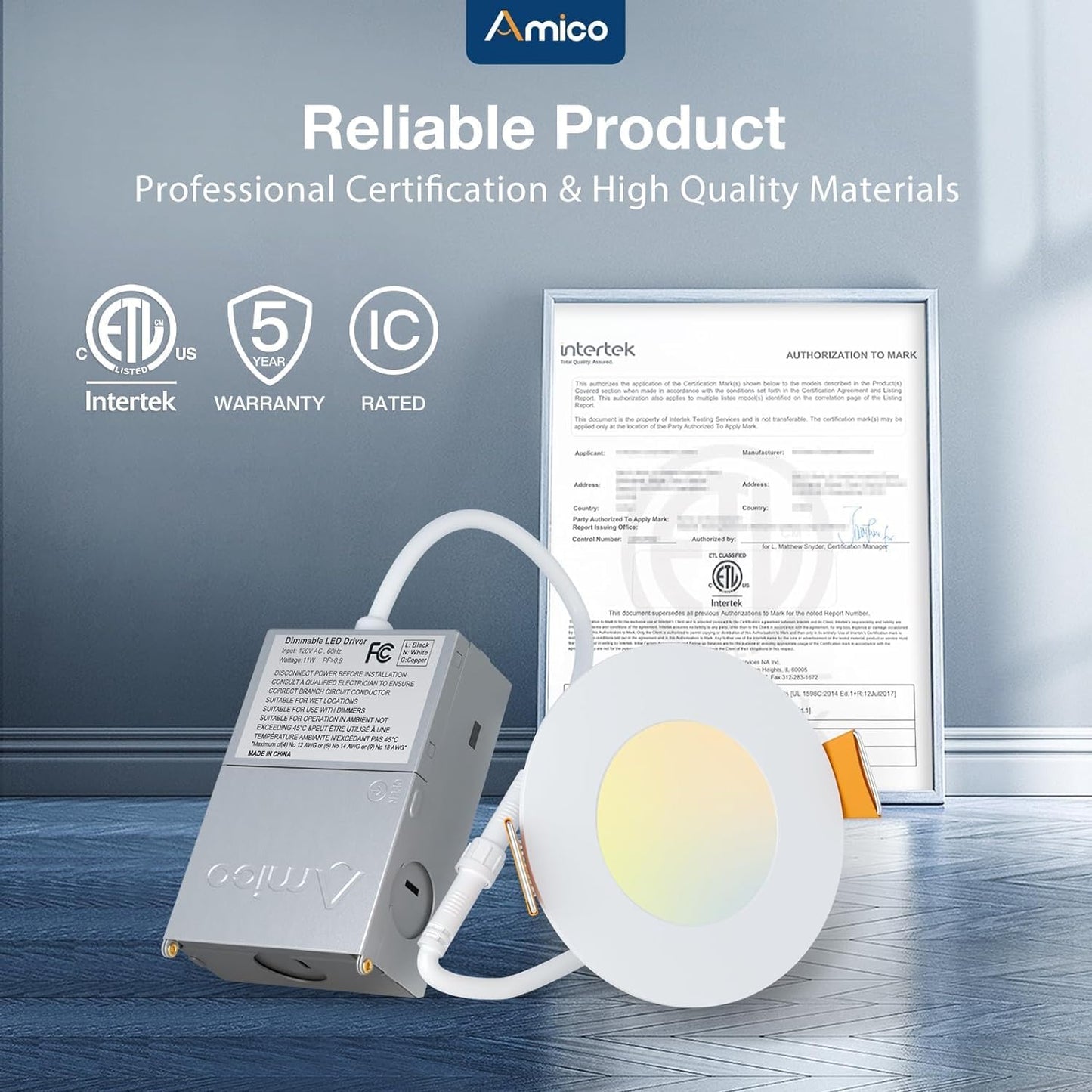 Amico 6 Pack 6 Inch 5CCT Ultra-Thin LED Recessed Ceiling Light with Junction Box, 2700K/3000K/3500K/4000K/5000K Selectable, 12W Eqv 110W 1050LM Brightness Dimmable Canless Wafer Downlight, ETL & FCC