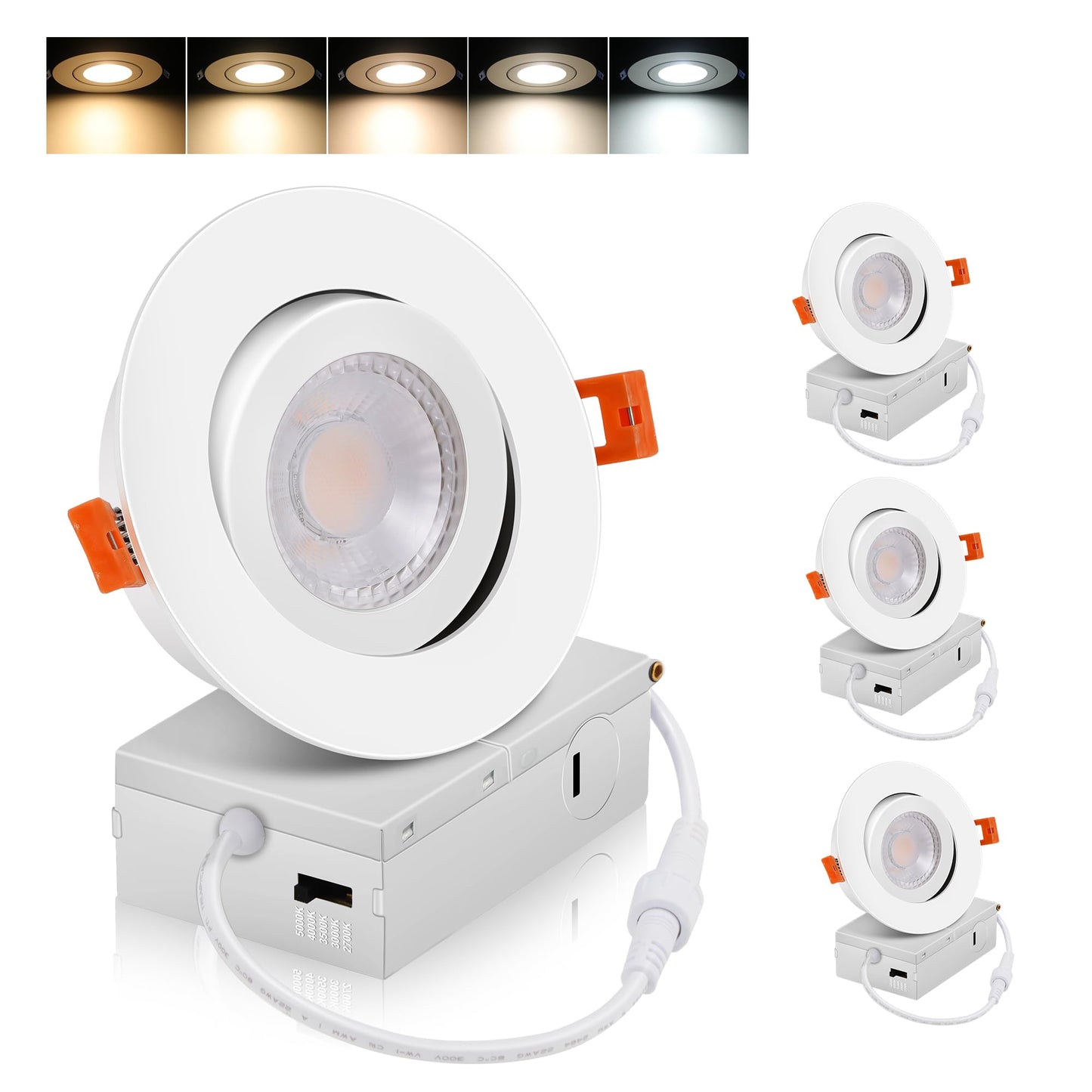 Cloudy Bay Eyeball 5 Color 4 inch Gimbal LED Recessed Light with Junction Box,9.5W CRI90+ 2700K/3000K/3500K/4000K/5000K Selectable,Dimmable Canless Ceiling Spot Light,Damp Location,Black,Pack of 6