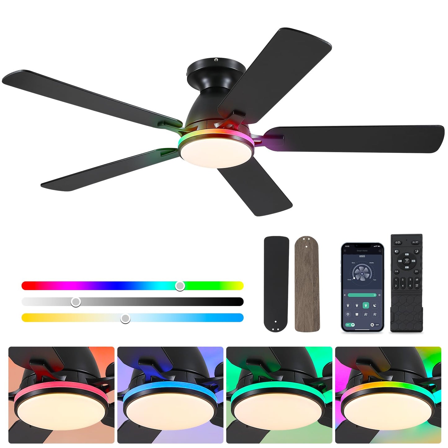 Ceiling Fans with Lights- 46" Low Profile Indoor Ceiling Fan with Light and Remote/APP Control, Flush Mount, LED Dimmable DC Reversible Modern Ceiling Fan for Bedroom（Black）