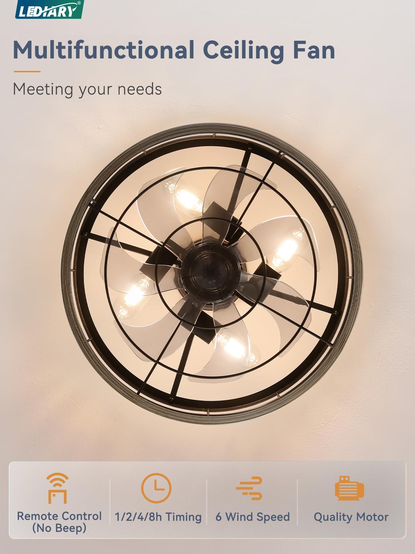 LEDIARY 16.5 inch Black Caged Ceiling Fan with Light, Fandelier Industrial Ceiling Fan with Remote, Farmhouse Fan Lights Ceiling Fixtures for Kitchen, Bedroom, Outdoor（6 Speed, Timing）-Black