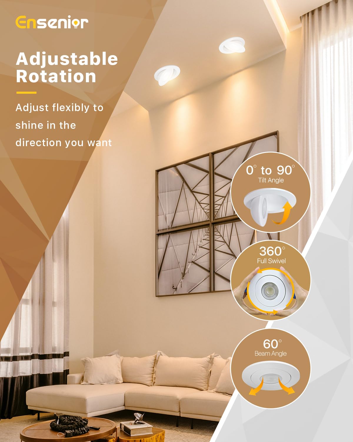 Ensenior 4 Pack 6 inch Gimbal Led Recessed Lighting with Night Light, 90° Rotatable and 2700K-5000K 5CCT Selectable, Dimmable Eyeball Recessed Lights, 1200LM, 12W=115W-FCC Certified