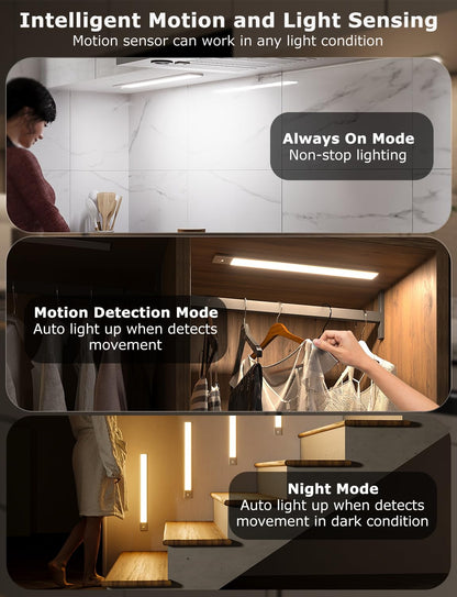 12" Thin Motion-Activated Under Cabinet Lighting, Aluminum Alloy Under Counter Lights for Kitchen, 3-Color-Temps Magnetic Closet Lights, Rechargeable Motion Sensor Light Indoor (4Pack, Silver)