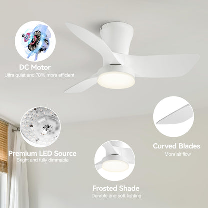 SUNMORY Ceiling Fans with Lights and Remote, 30 inch Low Profile Ceiling Fan with Light, Modern Flush Mount Ceiling Fan for Bedroom/Kitchen/Dining Room/Patio, 6 Wind Speeds, Dimmable, White
