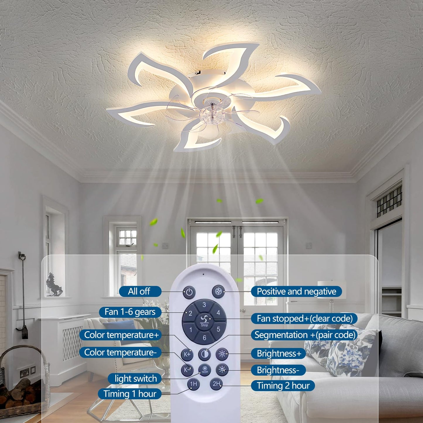 Ceiling Fan with Lights Remote Control, 24" Black, 6 Speeds 3 Light Color Low Profile Flush Mount Ceiling Fan for Kitchen Bedroom