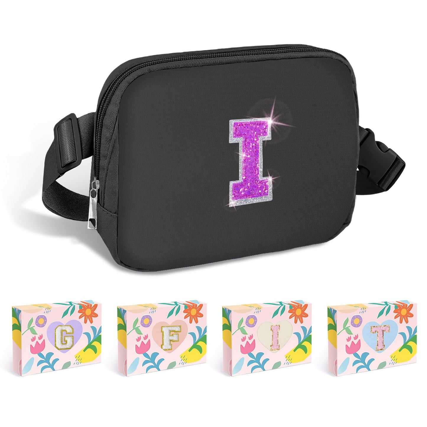 COSHAYSOO Pink Belt Bag Small Waist Fanny Pack Mini Crossbody Purse with Initial Preppy Letter Patch for Teen Girl Women Workout, Cross Body Chest Pouch Trending Birthday Gift Idea (S)