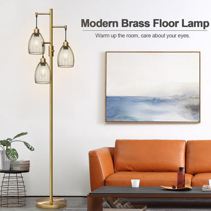 Dimmable Industrial Floor Lamps for Living Room, Gold Tree Standing Tall Lamps with 3 Elegant Teardrop Cage Head & 800 Lumens LED Bulbs for Bedroom Office