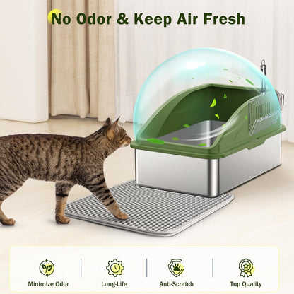 Stainless Steel Cat Litter Box, Extra Large Litter Boxes for Big Cats, Anti-Urine Leakage XL Litter Box with High Sides, Xlarge Metal Litter Box with Lid, Easy Clean, Non-Sticky, Cat Mat & Metal Scoop